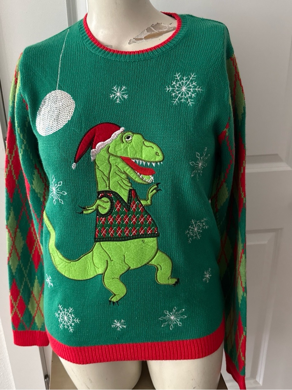 Green Dino Christmas Sweater with Red Trim